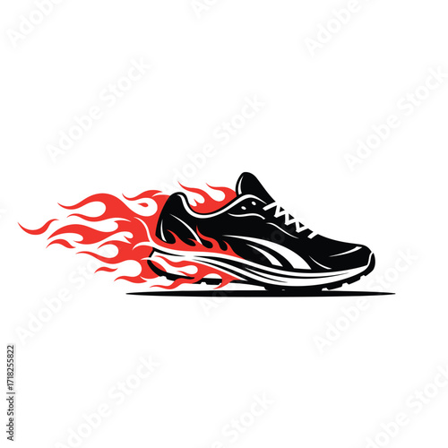 Fiery athletic shoe illustration with red flames showcasing speed and power