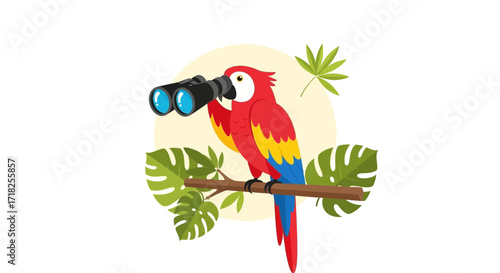 Vibrant Parrot Observing With Binoculars, Perched On Branch, Surrounded By Tropical Foliage