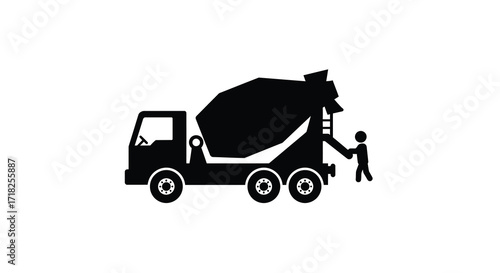 Simple black and white illustration of a concrete mixer truck with worker