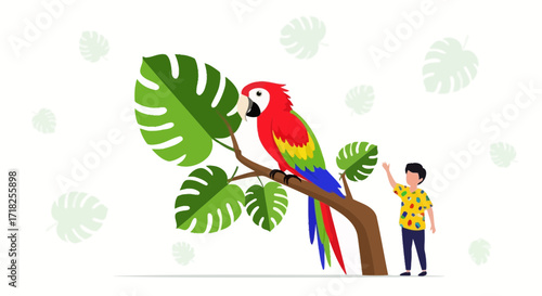 Vibrant Tropical Parakeet Perched On a Branch With an Excited Child's Greeting Scene