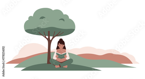 Woman Enjoying Leisurely Reading Beneath A Summer Tree on a Peaceful Day