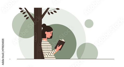 Woman Enjoying Reading A Book Under A Tree During A Peaceful Moment in Nature