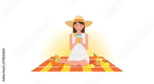 Woman Enjoying Refreshing Drink During Pleasant Picnic Session On A Sunny Day