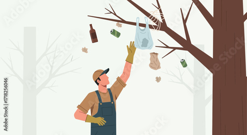 Volunteer Cleaning Litter From The Trees Demonstrating Environmental Consciousness