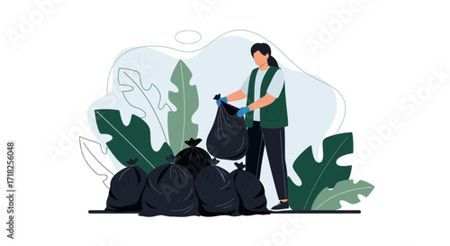 Volunteer Cleaning Up Garbage Bags: Environmental Stewardship and Community Cleaning Concept