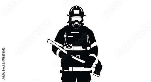 Silhouette of a fully geared firefighter holding an axe