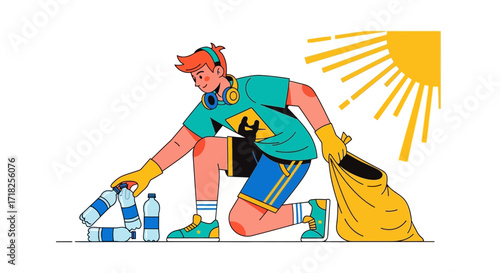 Volunteer Cleaning Up Plastic Bottles, Promoting Environmentalism, and A Cleaner Planet Vision