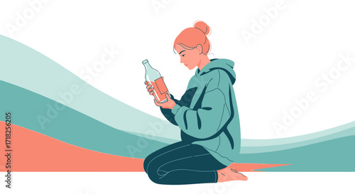 Woman Examining Bottle While Crouching Creates Modern Abstract Illustration In Pastel Colors