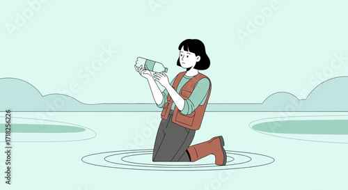 Woman Examining Plastic Bottle Near Water Illustrating The Idea Of Environmental Awareness