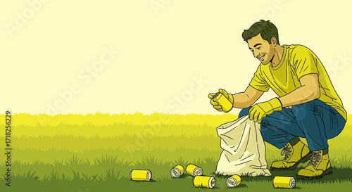 Volunteer Cleans Up The Natural Environment, Picking Up Trash And Protecting Nature's Beauty