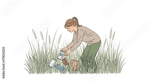 Volunteer Cleans Up Waste in a Grassy Area Highlighting Environmental Concerns