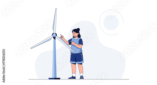 Woman Exploring Renewable Energy With The Power of Modern Wind Turbines Illustration