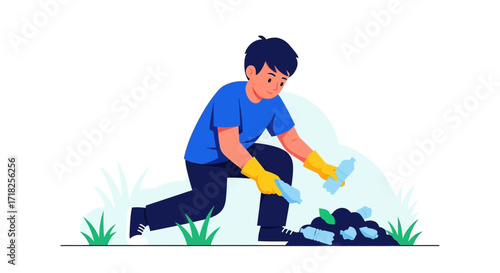 Volunteer Collecting Plastic Bottles for Environmental Preservation and Clean Living