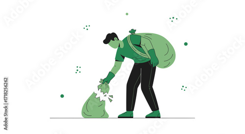 Volunteer Clears Broken Trash Bag, Showing Environmental Responsibility And Civic Action