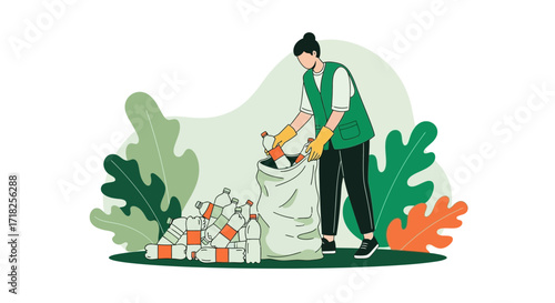 Volunteer Collecting Plastic Bottles for Recycling Program, Environmental Conservation Concept
