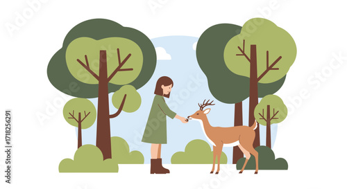 Woman Feeding Deer In A Forest, Peaceful Scene Depicting Flora And Fauna Connection