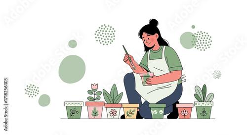 Woman Gardening And Decorating Plant Pots With Artistry And Botanical Tenderness