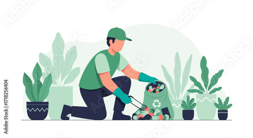 Volunteer Harvesting Waste In The Park Protecting The Environment And The Community