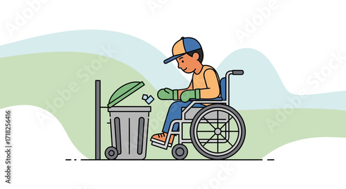 Volunteer Helping Community: Person In Wheelchair Disposing Materials Into Trash Bin