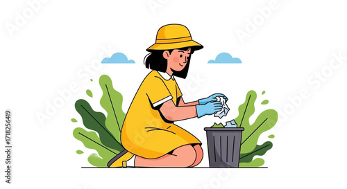 Volunteer Girl Cleans Environment, Putting Waste Material Into Trash Can, Eco Friendly Art