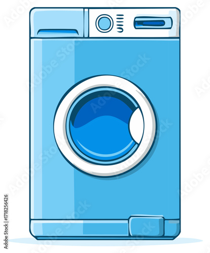 Modern blue front loading washing machine with clear water in the drum and clean lines.