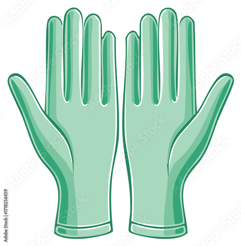Pair of illustrated green medical gloves for protection against germs and viruses