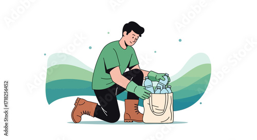 Volunteer Man Collecting Plastic Bottles In Sustainable And Eco-Friendly Clean Environment