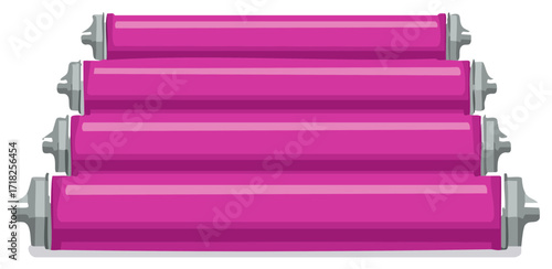 Four vibrant pink printer or copier rollers stacked horizontally. Graphic illustration of office and industrial printing equipment components.