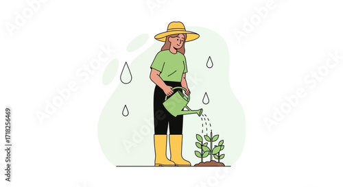 Woman Gardening and Watering a Plant Under Light Green Rain Drops Vector Illustration
