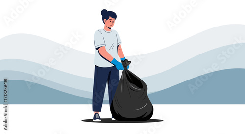 Volunteer Person Collects Garbage In Black Bag, Helping To Clean The Environment