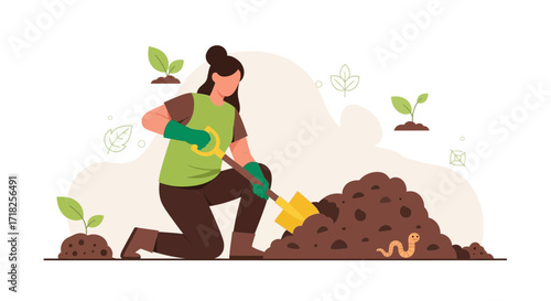 Woman Gardening Spading Earth, Planting New Seeds, Cultivating Life, And Cultivating Nature