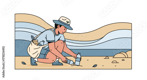 Volunteer Picking Up Plastic Trash On The Beach, Environmental Protection Illustration Scene
