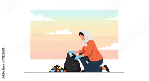 Volunteer Woman Cleans Up Trash in the Environment for Sustainable Living and Better Future