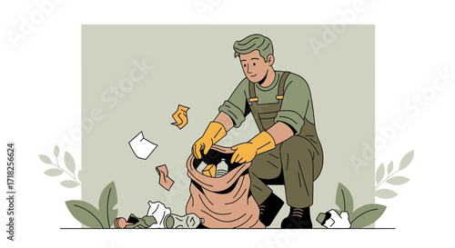 Volunteer Worker Collecting Trash Illustrating Environmental Awareness and Eco-Friendly Action