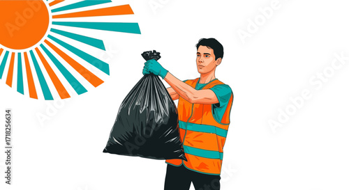 Volunteer Worker Lifting Black Trash Bag Under Colorful Sun Symbol for Community Cleanup