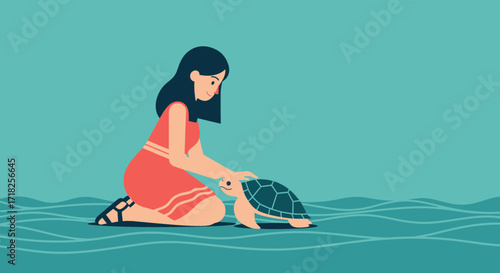 Woman Gently Caressing Sea Turtle Emerging From The Turquoise Water