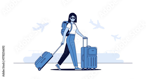 Woman Going Through Airport, Traveling Solo, Carrying Luggage, Ready For Adventure