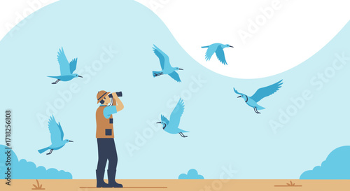 Watching Flock Of Birds Flying, Wildlife Enthusiast Watching For Wildlife In Nature