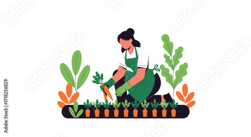 Woman Harvesting Carrots In Her Organic Garden Amidst Plants and Vibrant Freshness Always