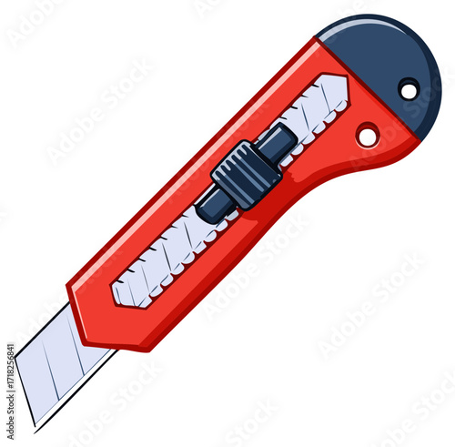 Red utility knife with extended blade and serrated edge for cutting