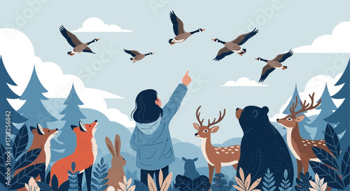 Watching Geese Migrate: A Majestic Wilderness Scene with Various Animals and Trees