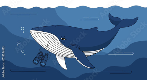 Whale Underwater Observe with Binoculars Detailed Illustration in Marine Environment