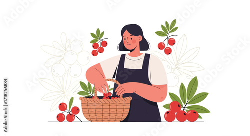 Woman Harvesting Fruit Vector Illustration: Gathering Berries In A Woven Basket