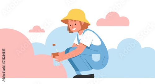 Woman Harvesting the Earth's Bounty with a Water Bottle amidst Pastel Hues