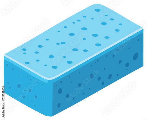 Blue Sponge Rectangular Shape with Holes Illustration Isometric View Cleaning Tool Household Chore Hygiene