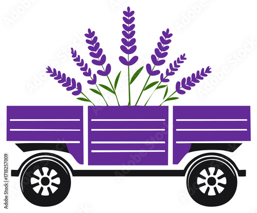 Lavender plants in a purple wagon illustration, fragrant purple flowers, floral transport design.