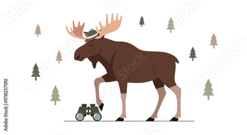 Whimsical Moose With Hat And Binoculars Wandering Through Forest Adventure Illustration