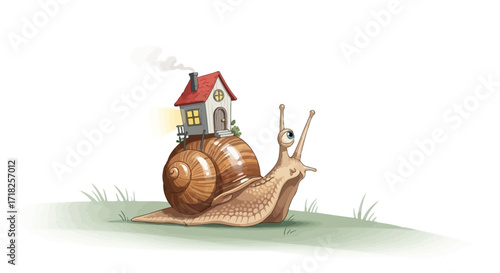 Whimsical Snail Cartoon Illustration Carrying Small House on Its Back, Moving Forward