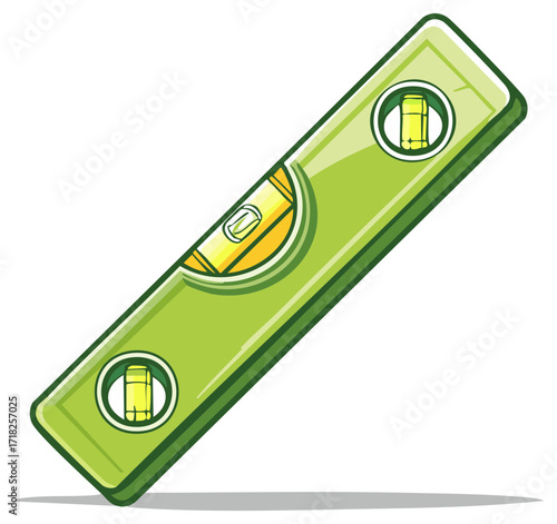 Bright green spirit level construction tool with bubble for accurate measurement illustration