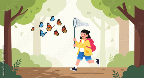 Whimsical Pursuit Of Fluttering Monarchs Adorning A Young Explorer's Forest Adventure